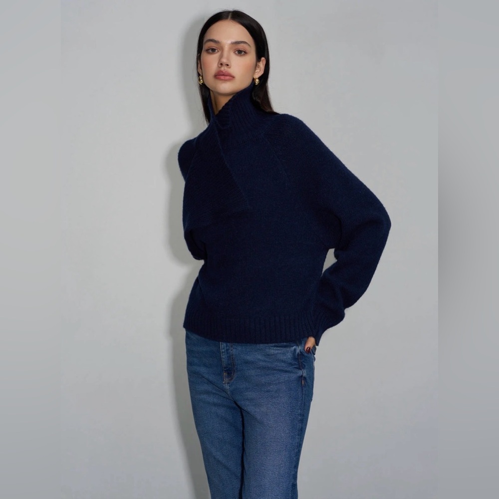 ZARA Ribbed Asymmetrical Turtleneck Sweater Navy Wool Blend Size S Minimal Knit - Picture 6 of 16